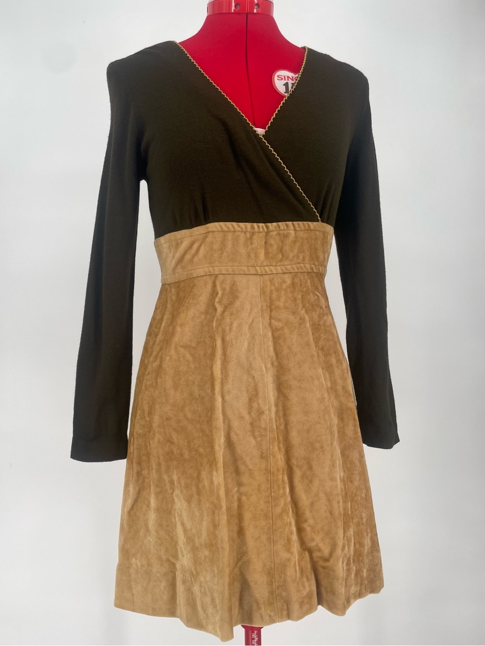 60s 70s Brown Color Block Long Sleeve A-line Mini Dress Kelly Arden